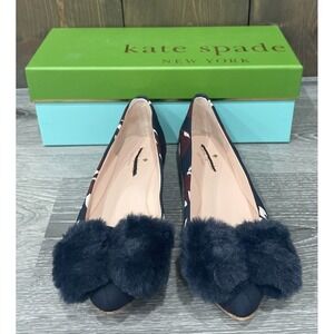 Kate‎ Spade New York Elen Fox Glen Fabric Navy Flats W/ Fur Bow Women's 7M W/Box